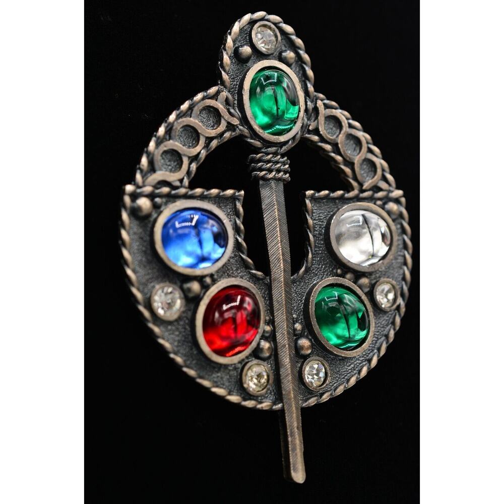 Vintage Pin Brooch Cabochon Large Heavy Celtic Ardagh Red Blue Chunky 70s BinAJ - Picture 4 of 12